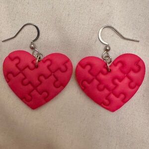 NWOT Red Heart Puzzle Earrings Artisan Made of Polymer